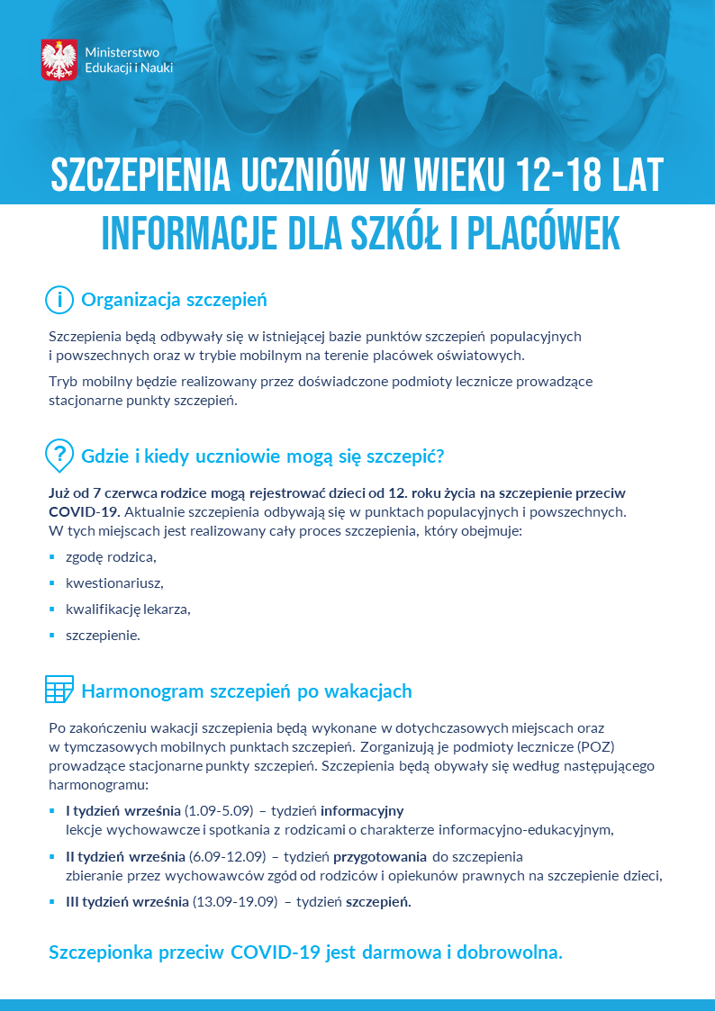 Szczepienia uczniow w wieku 12 18 lat informacje dla szkol i placowek plakat informacyjny